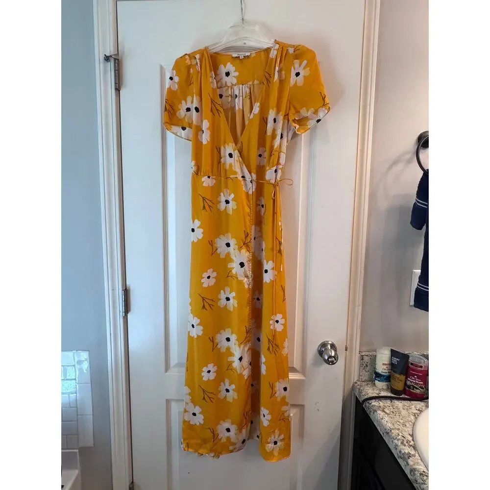 Madewell Floral Wrap Maxi Dress S Mustard Yellow Cottagecore Boho - Picture 5 of 7